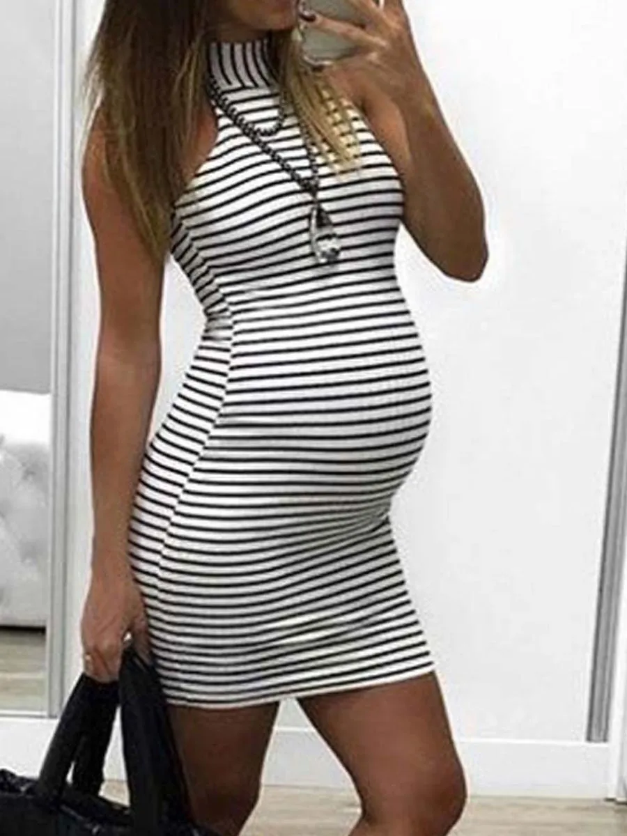 Striped Sleeve Halter Big Belly Dress
