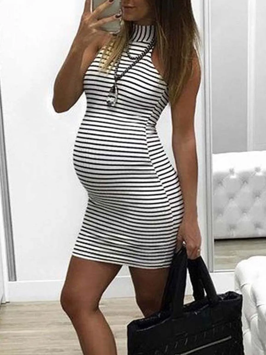 Striped Sleeve Halter Big Belly Dress