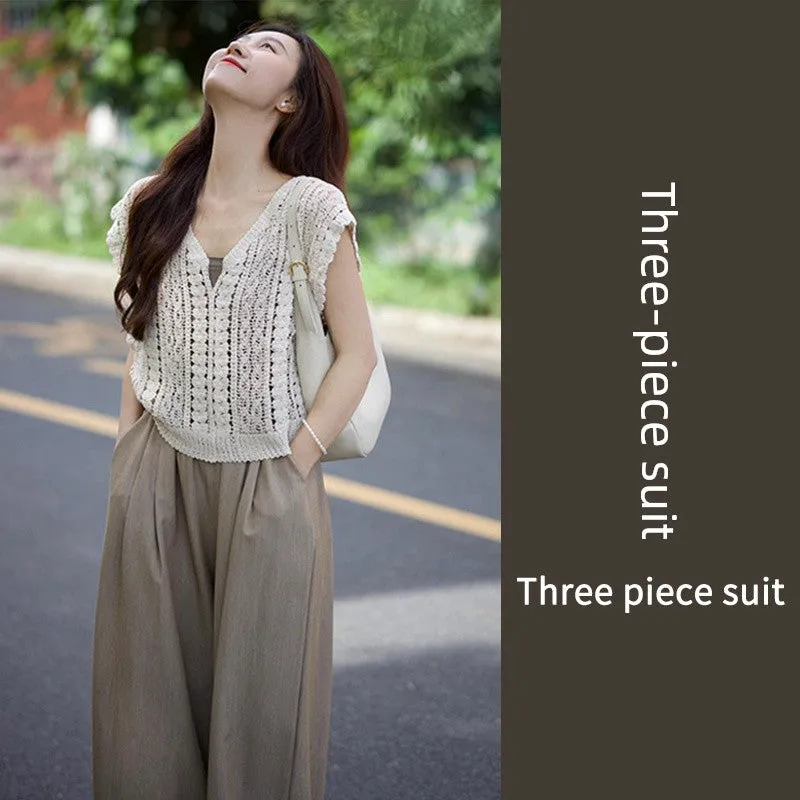 Summer Matching a Set of Korean Style Age-Reducing Cold Style Denim Casual Pull Cool Wear Suit Women's Clothing 2024 New Arrival Summer