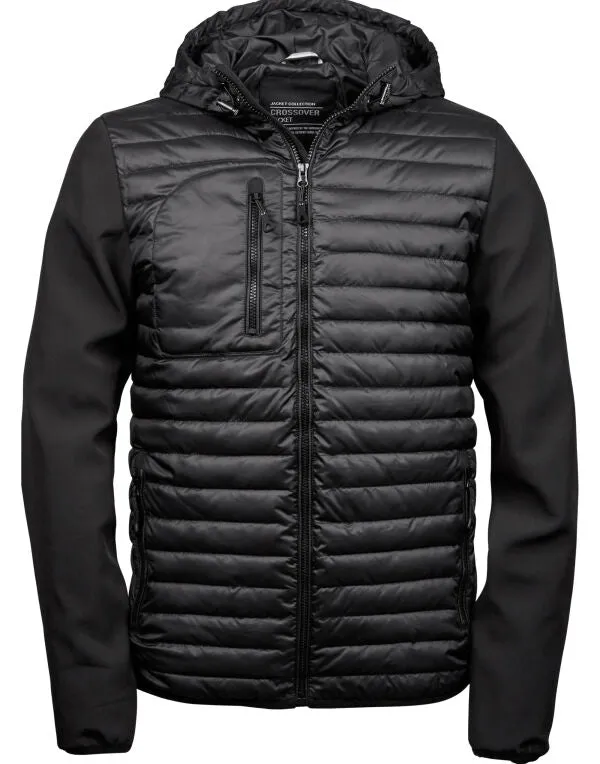 Tee Jays Men's Hooded Crossover Jacket | Showerproof Puffer | Softshell Panels | Black | S-3XL