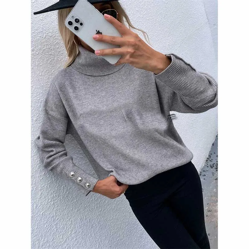 The Rock Turtleneck Turtleneck Cuff Button Pullover Solid Color Sweater Sweater