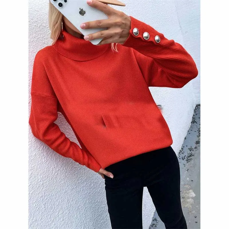 The Rock Turtleneck Turtleneck Cuff Button Pullover Solid Color Sweater Sweater