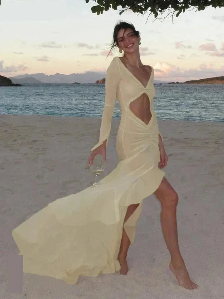 Trendy Sheer Bodycon Mermaid Dress with Ruffle Accents