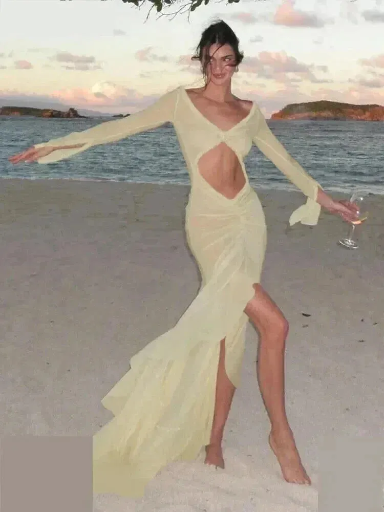 Trendy Sheer Bodycon Mermaid Dress with Ruffle Accents