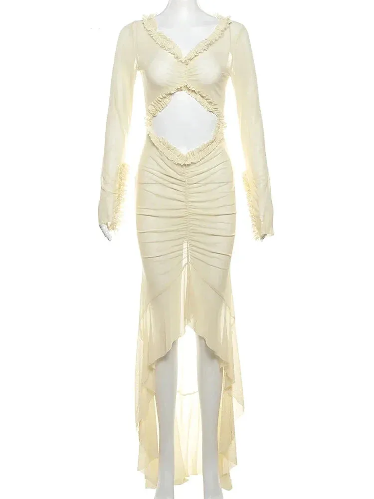 Trendy Sheer Bodycon Mermaid Dress with Ruffle Accents