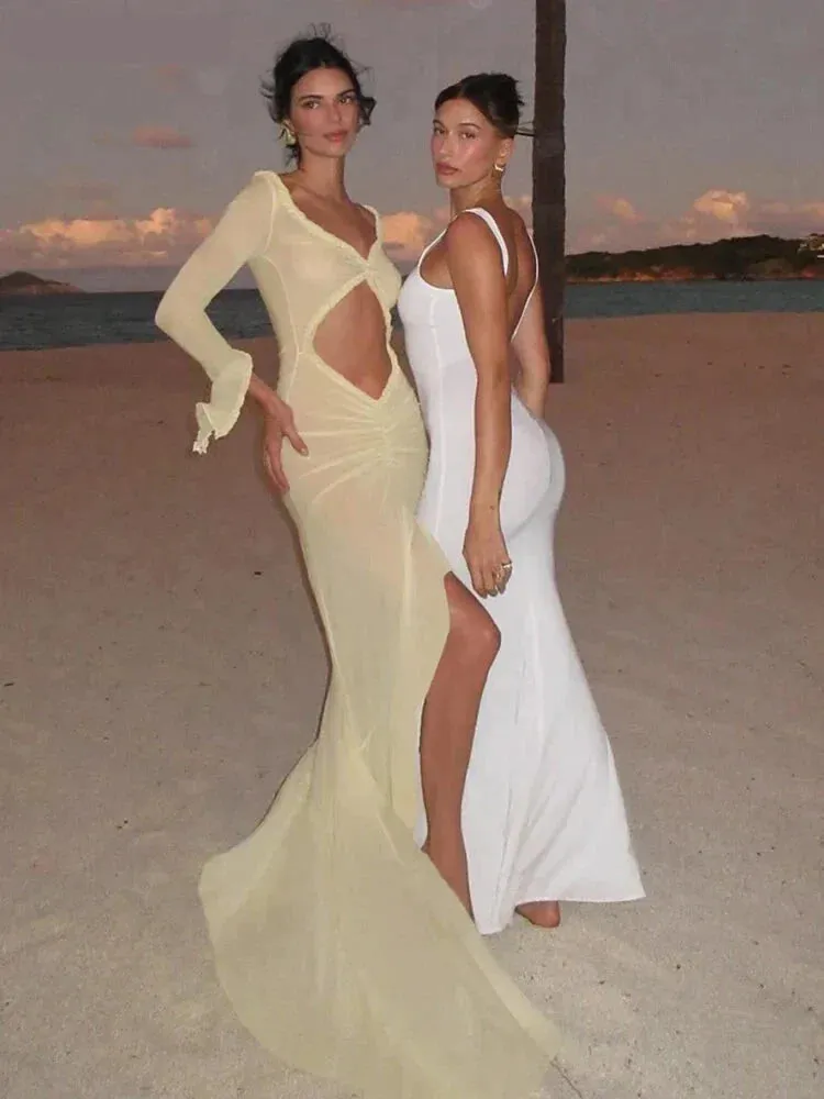 Trendy Sheer Bodycon Mermaid Dress with Ruffle Accents