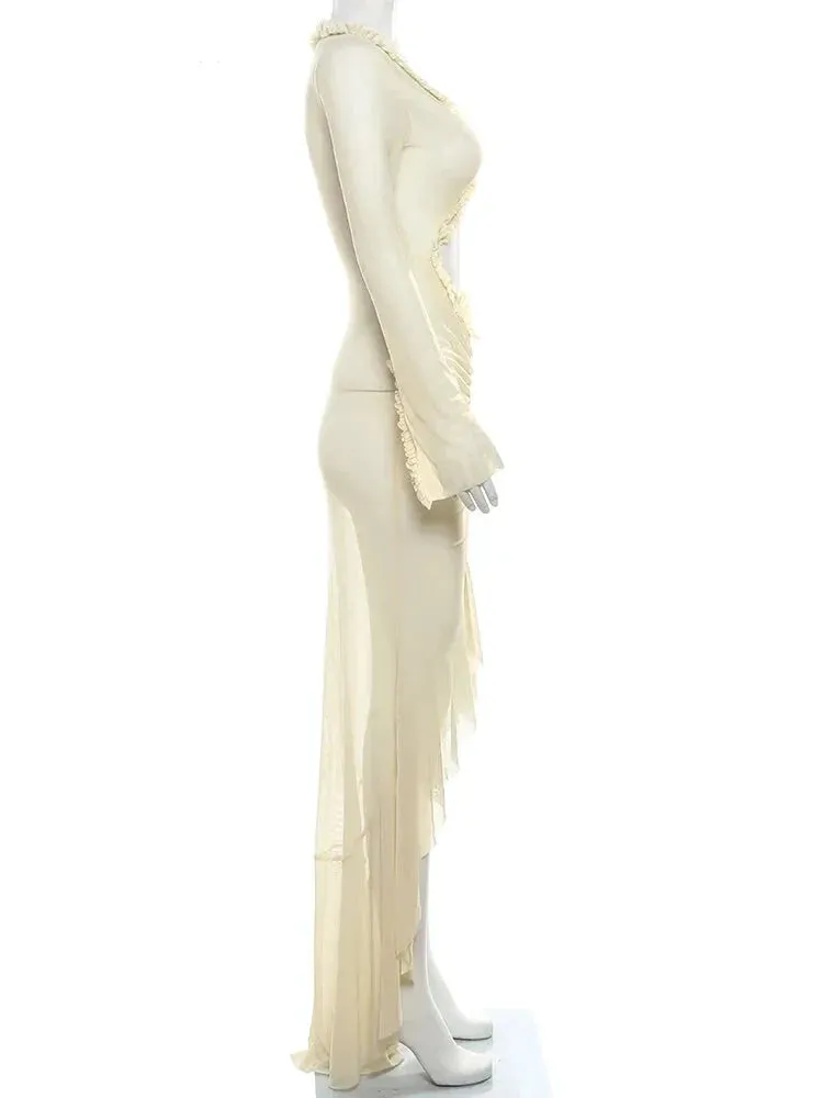 Trendy Sheer Bodycon Mermaid Dress with Ruffle Accents