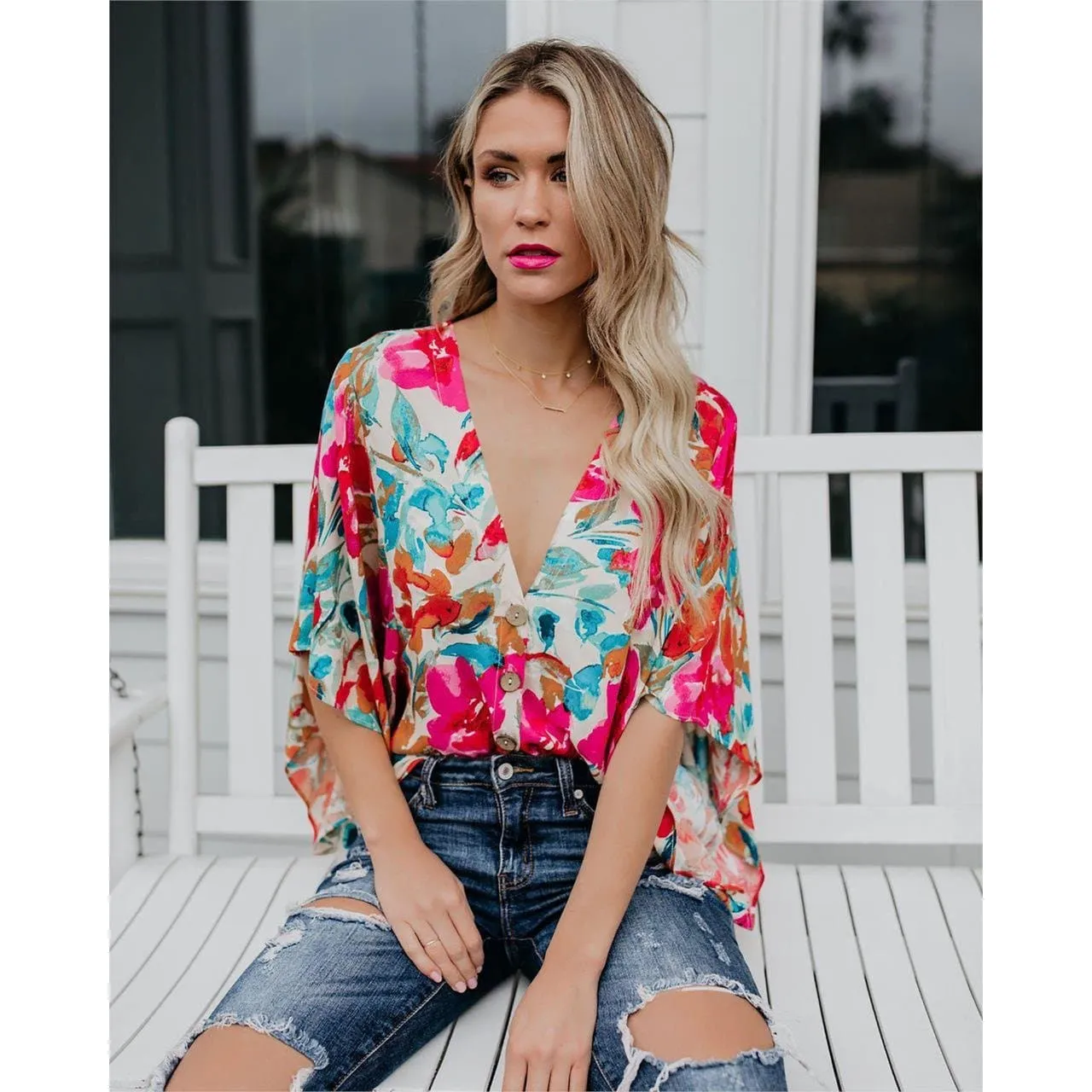 V-NECK FLORAL PRINTED