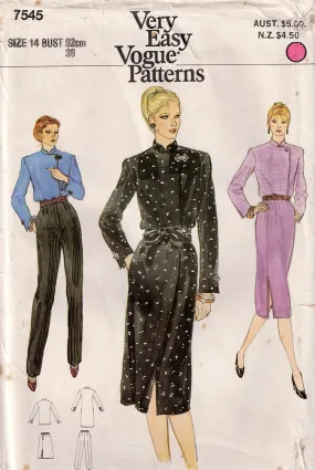 Very Easy Vogue 7545 Womens Asymmetric Mandarin Collar Dress Blouse Pants & Skirt 1970s Vintage Sewing Pattern Size 14 Bust 36 inches UNCUT Factory Folded