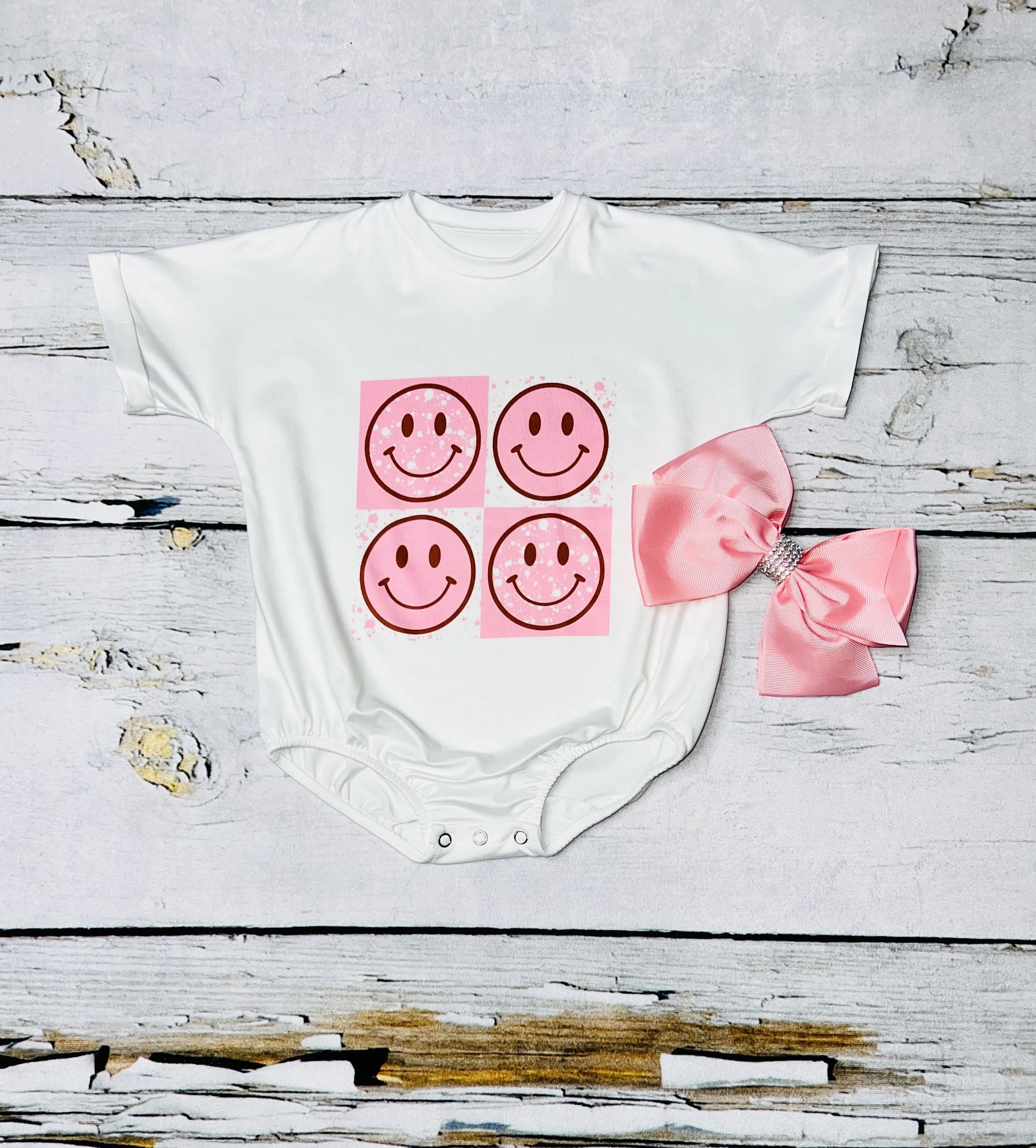 White w/light pink smiley faces baby bubble romper DLH1215-24