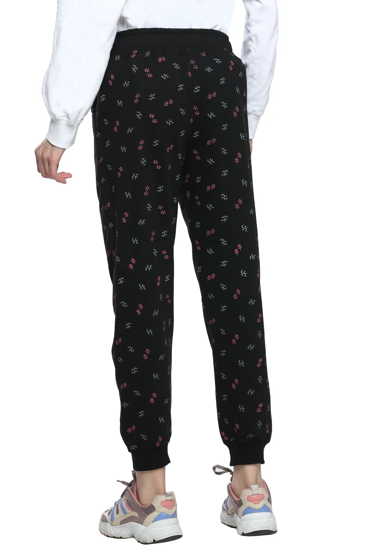 Winter Cotton Fleece Printed Joggers For Women - Black