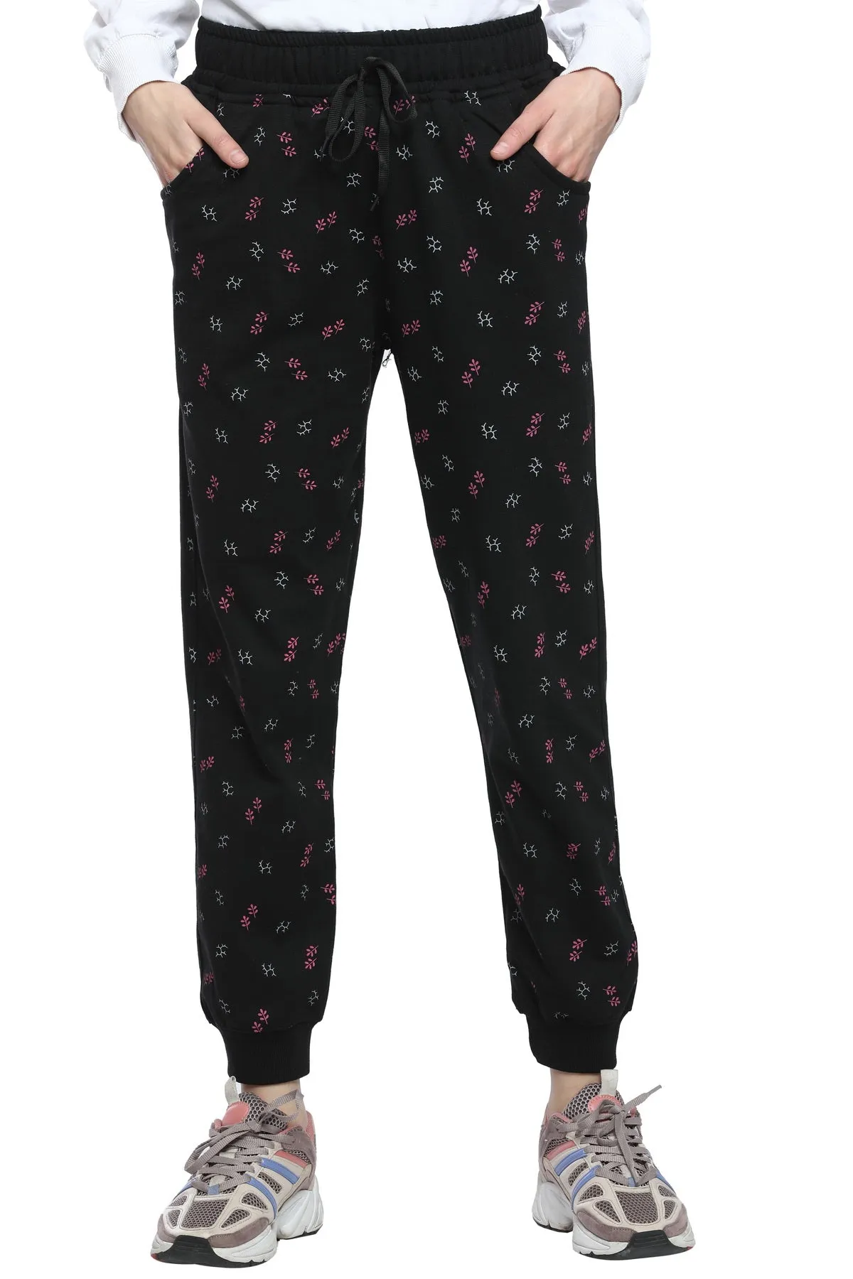 Winter Cotton Fleece Printed Joggers For Women - Black