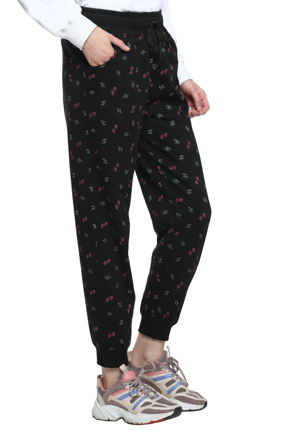 Winter Cotton Fleece Printed Joggers For Women - Black