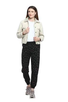 Winter Cotton Fleece Printed Joggers For Women - Black