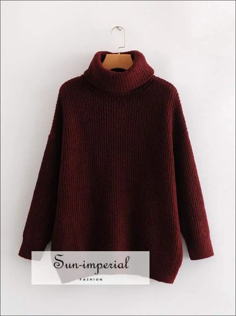 Women Purple Oversized Turtleneck Loose Pullovers Jumper Soft Warm Sweater