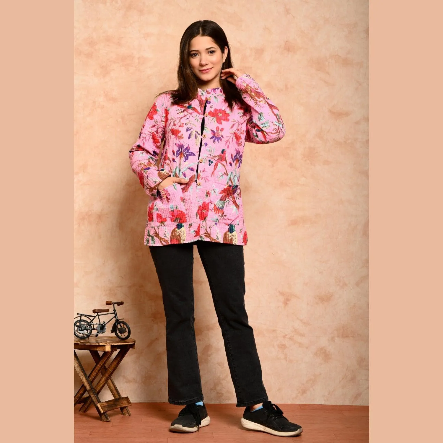 Women's Cotton Floral Print Quilted Jacket - SHKL1014