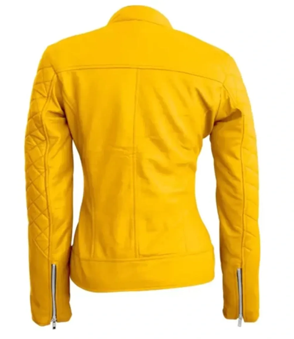 Womens Yellow Biker Quilted Leather Jacket By TJS