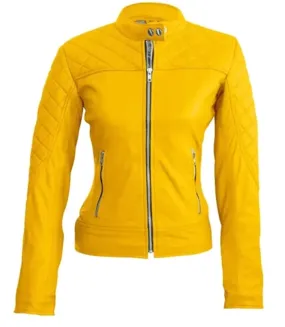 Womens Yellow Biker Quilted Leather Jacket By TJS
