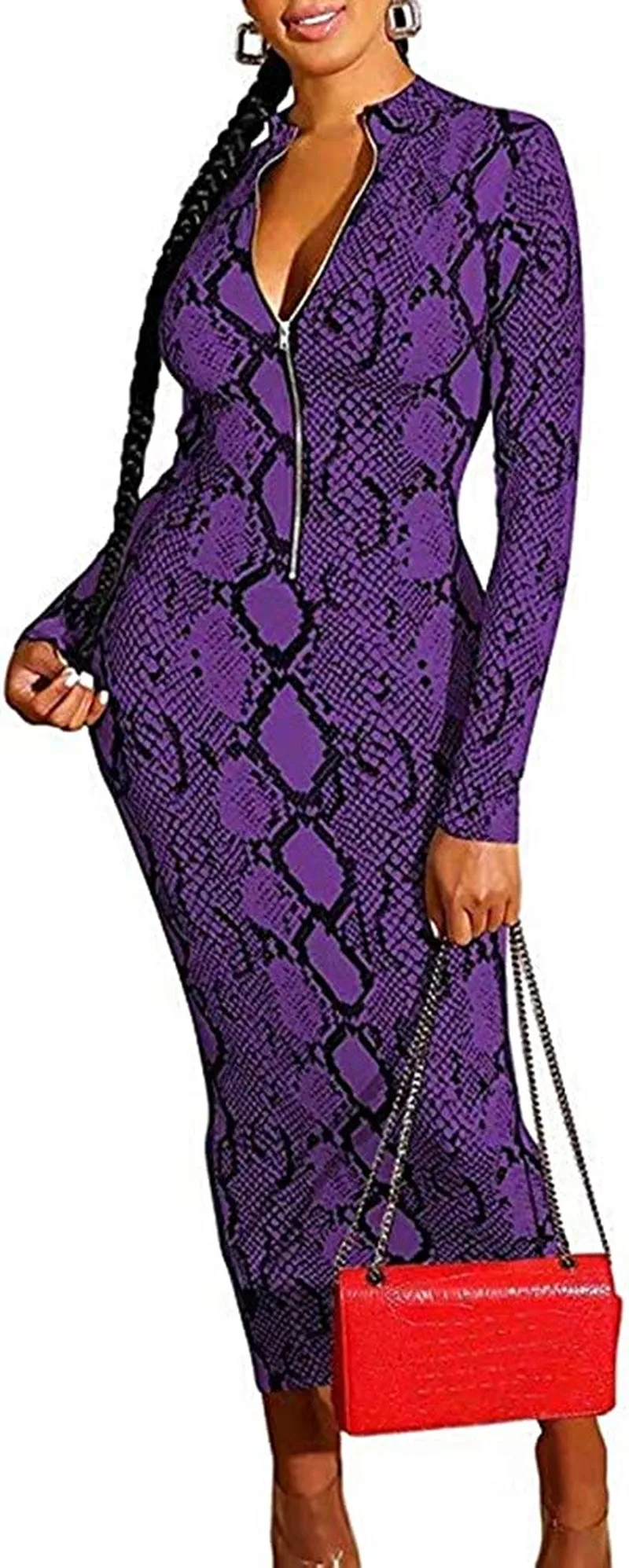 Xuan2Xuan3 Women'S Dresses Fall Long Sleeve Snake Printed Zipper Neck Knit Bodycon Evening Party Long Dress