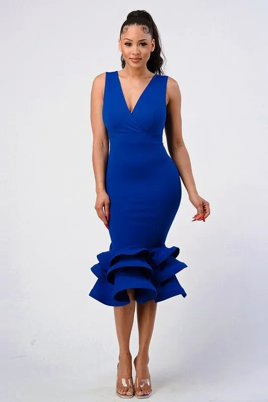 ZEN LAYERED RUFFLE HEM BODYCON MID DRESS