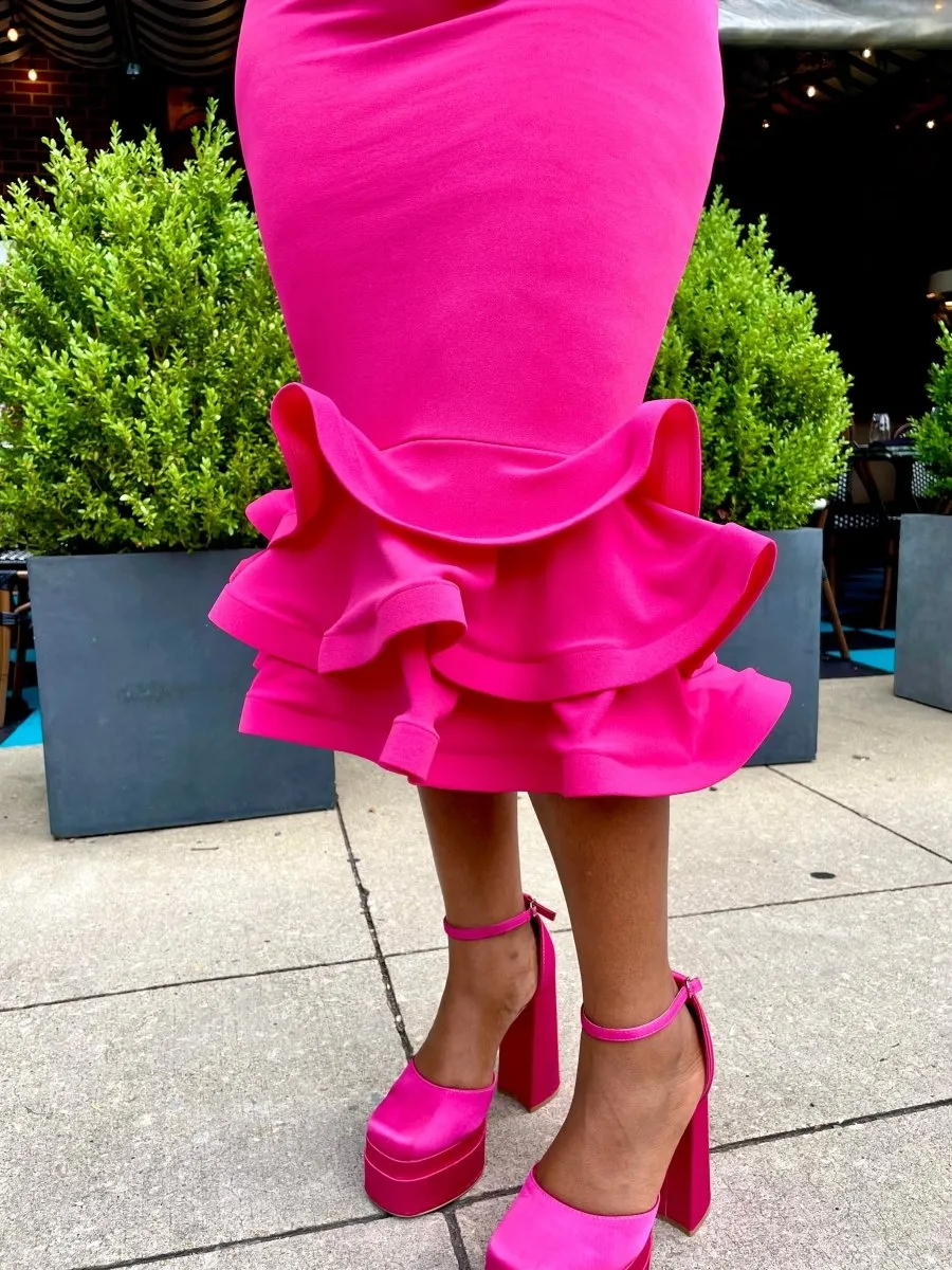 ZEN LAYERED RUFFLE HEM BODYCON MID DRESS