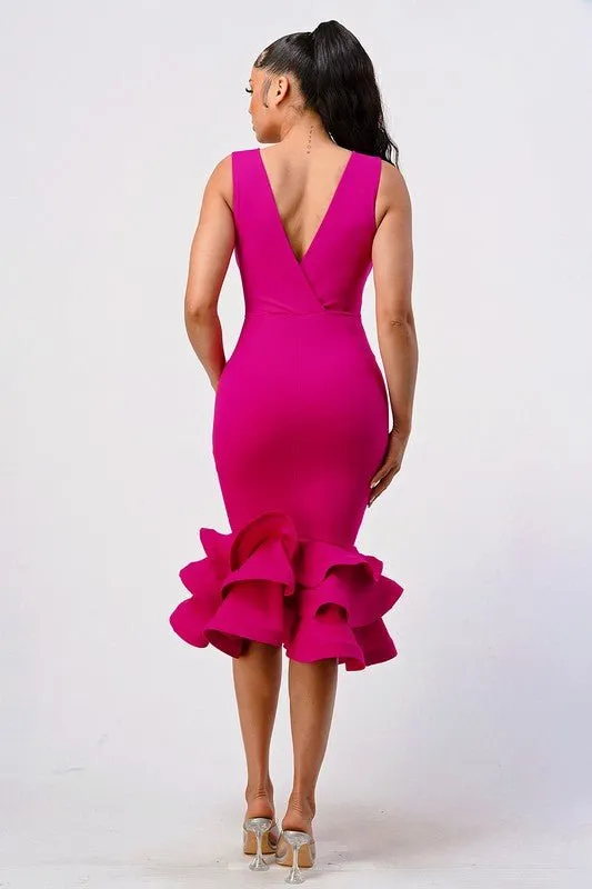 ZEN LAYERED RUFFLE HEM BODYCON MID DRESS