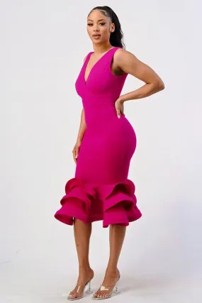 ZEN LAYERED RUFFLE HEM BODYCON MID DRESS