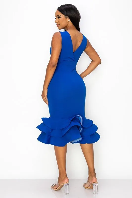 ZEN LAYERED RUFFLE HEM BODYCON MID DRESS